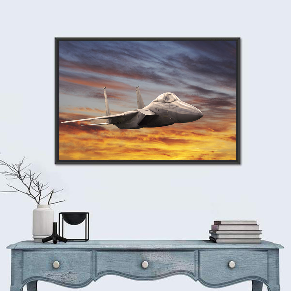Sunset Fighter Jet Wall Art in a room, landscape