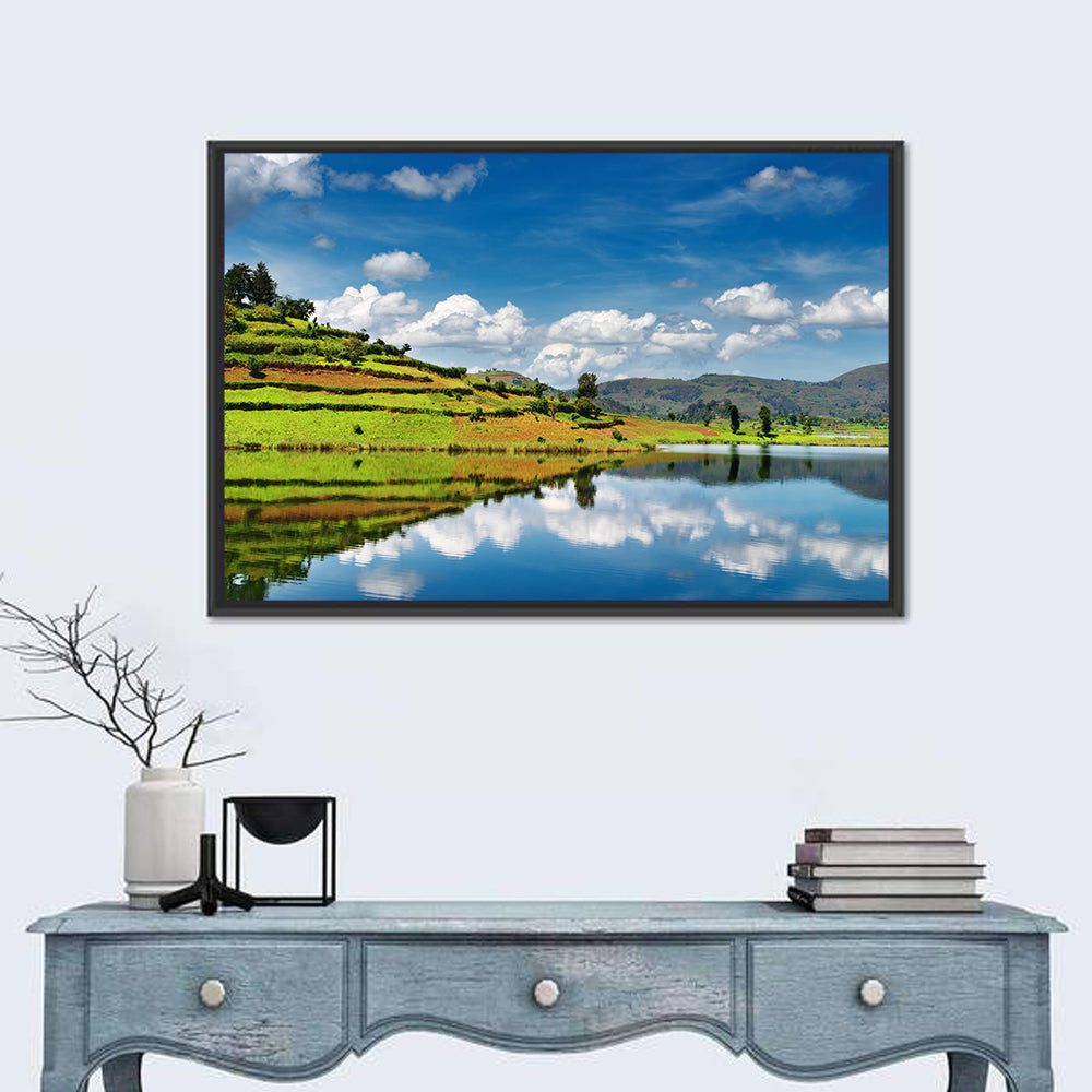Bunyonyi Lake Reflection Wall Art in a room, landscape