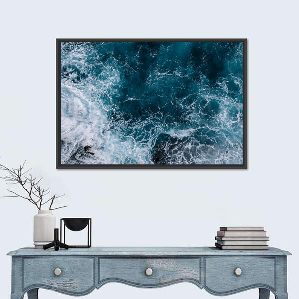 Aerial Swirling Ocean Waves Wall Art in a room, landscape