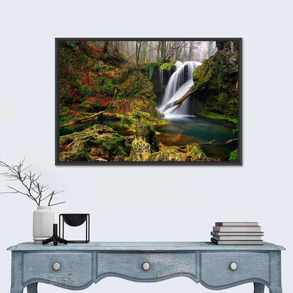 Cheile Nerei Mossy Waterfall Wall Art in a room, landscape