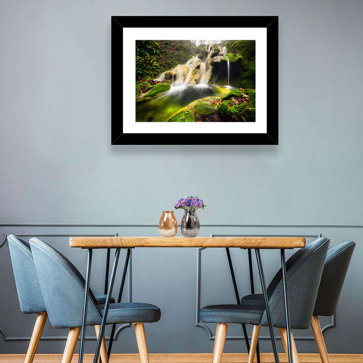 Cheile Nerei Mossy Waterfall Wall Art in a room, landscape