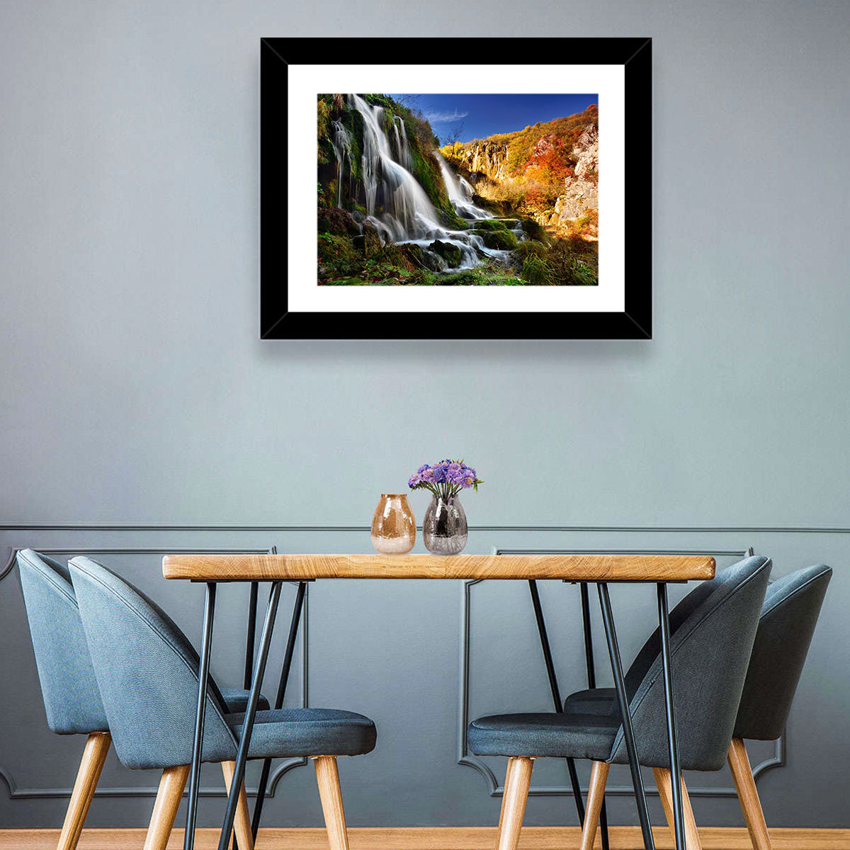 Plitvice Lakes Waterfall Wall Art in a room, landscape