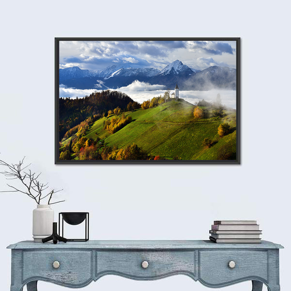 Jamnik Church on Misty Hill Wall Art in a room, landscape