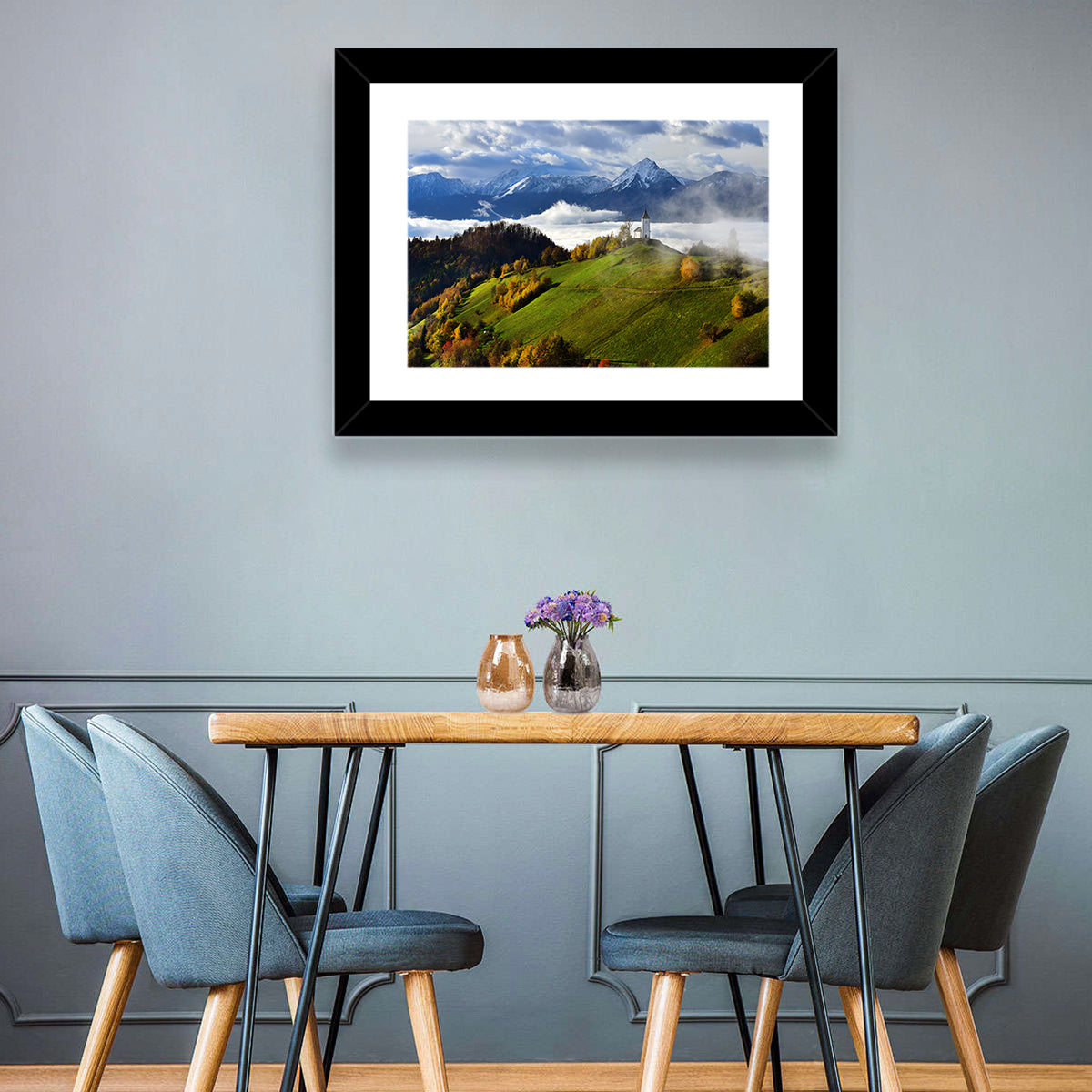Jamnik Church on Misty Hill Wall Art in a room, landscape