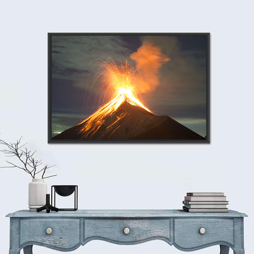 Starry Night Volcano Eruption Wall Art in a room, landscape