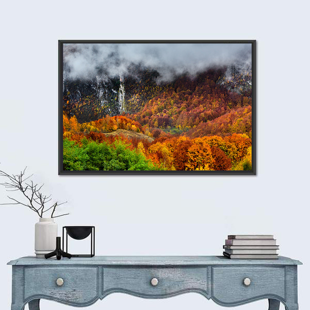 Misty Carpathian Autumn Wall Art in a room, landscape