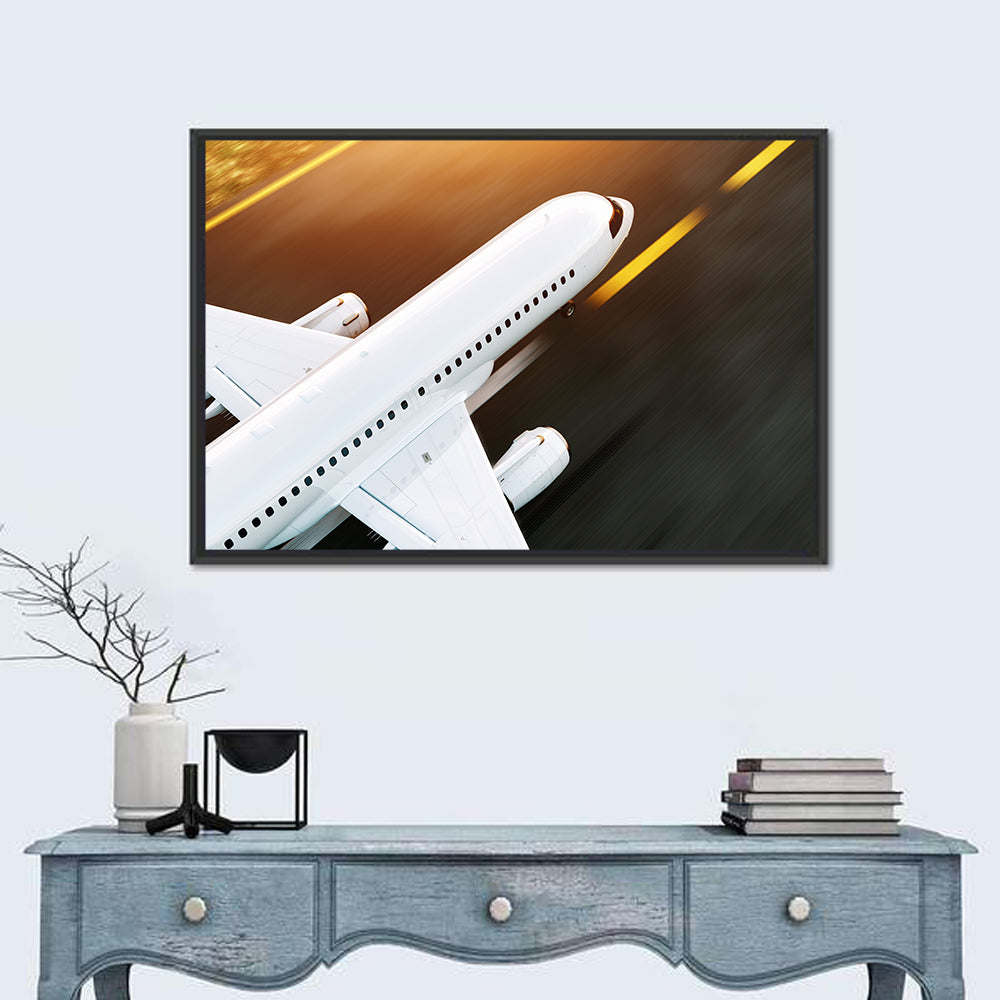 Commercial Jet Takeoff at Sunset Wall Art in a room, landscape