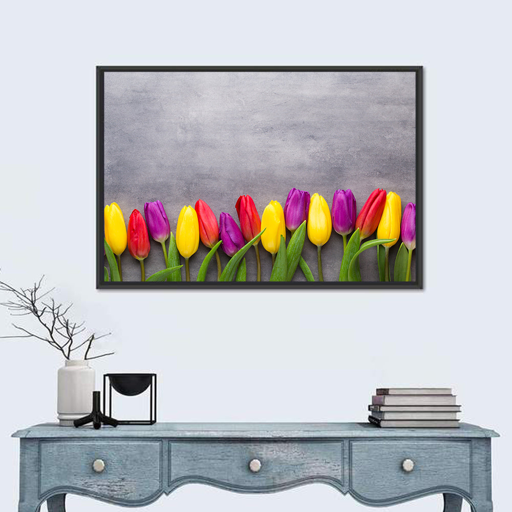 Row of Multicolored Tulips Wall Art in a room, landscape