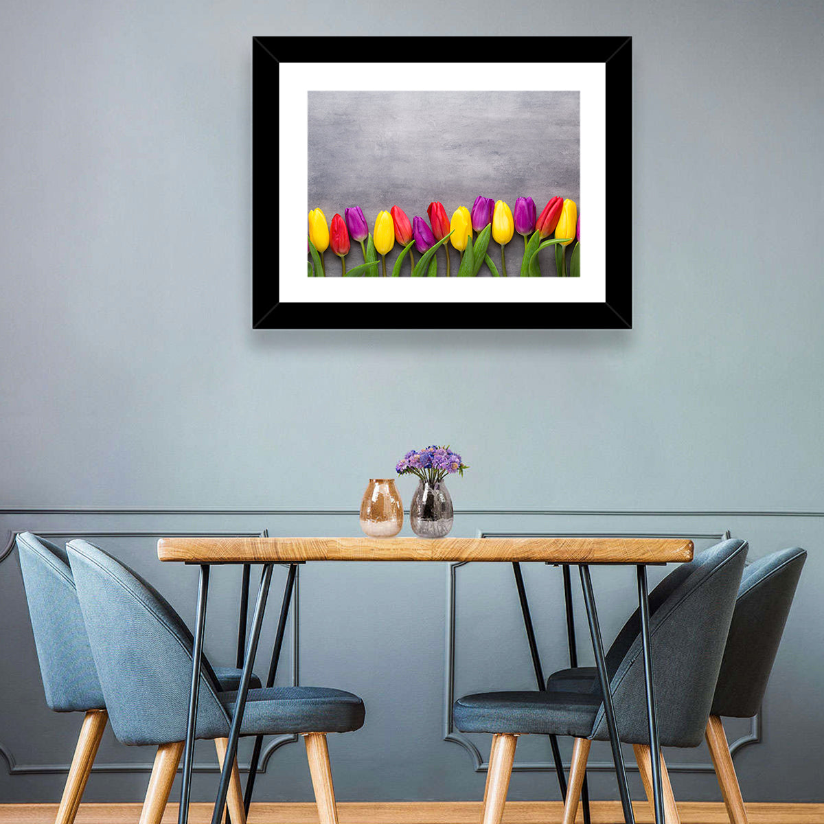 Row of Multicolored Tulips Wall Art in a room, landscape