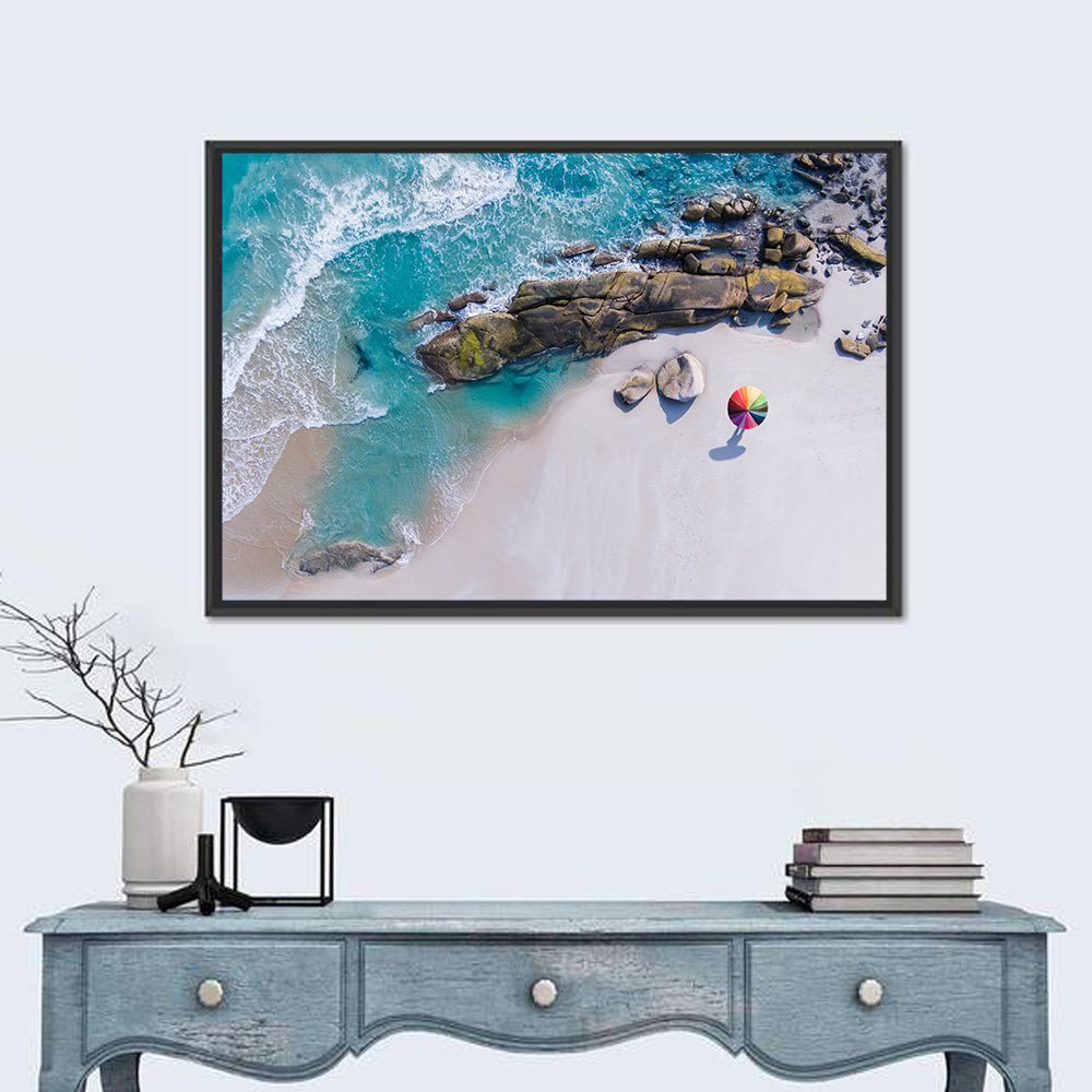 Aerial Beach with Rainbow Umbrella Wall Art in a room, landscape