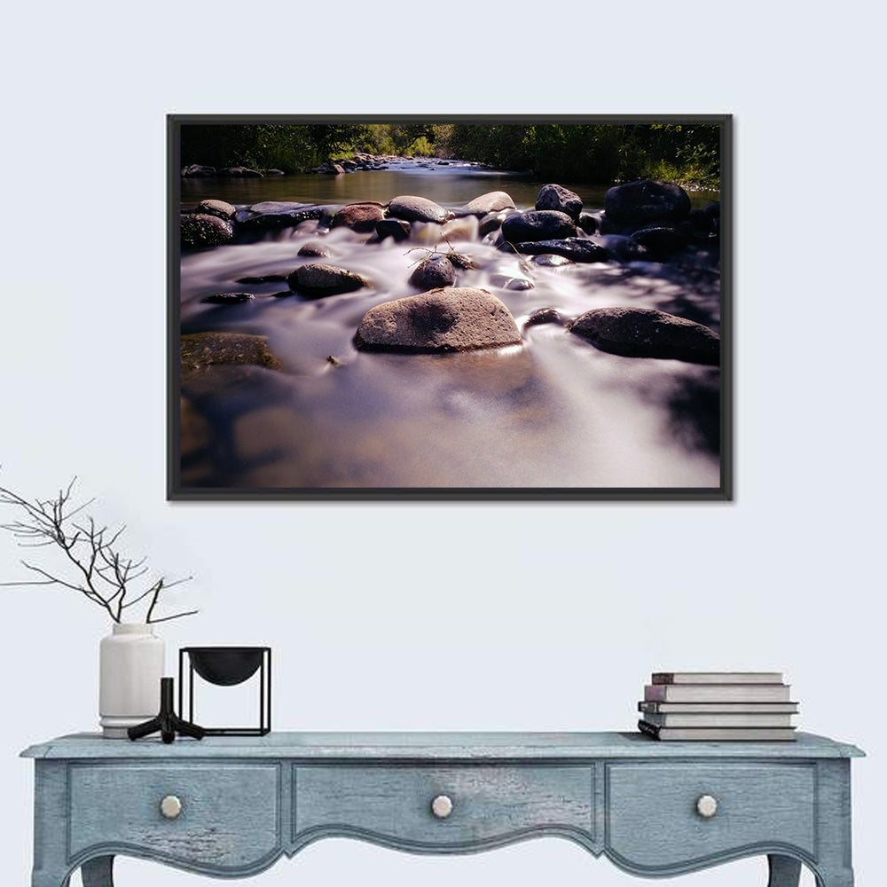 Truckee River Sunlit Rocks Wall Art in a room, landscape