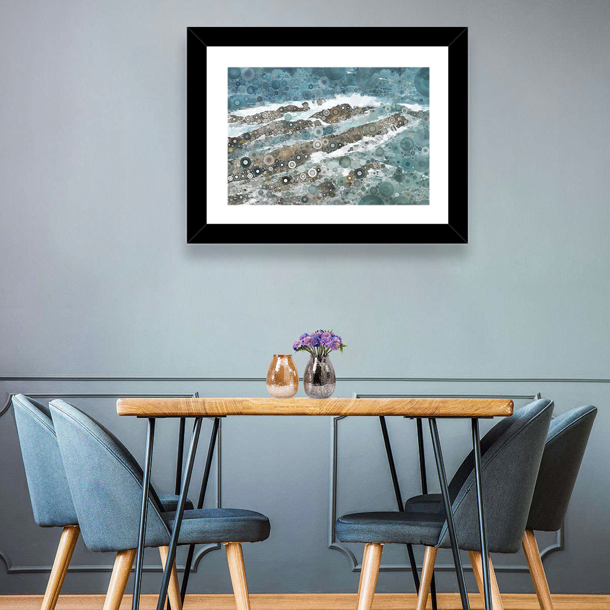 Teal Mosaic Ocean Wave Wall Art in a room, landscape