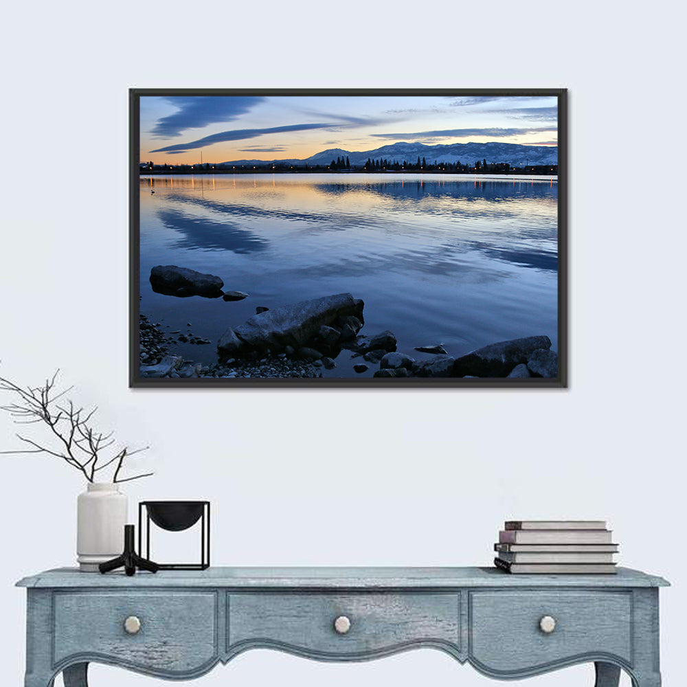 Sparks Marina Twilight Reflection Wall Art in a room, landscape
