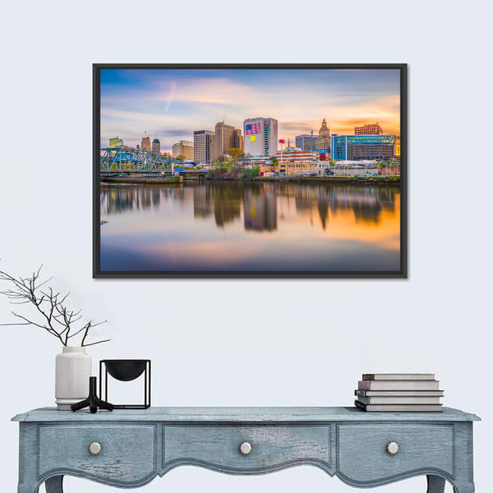 Providence Skyline at Golden Hour Wall Art in a room, landscape