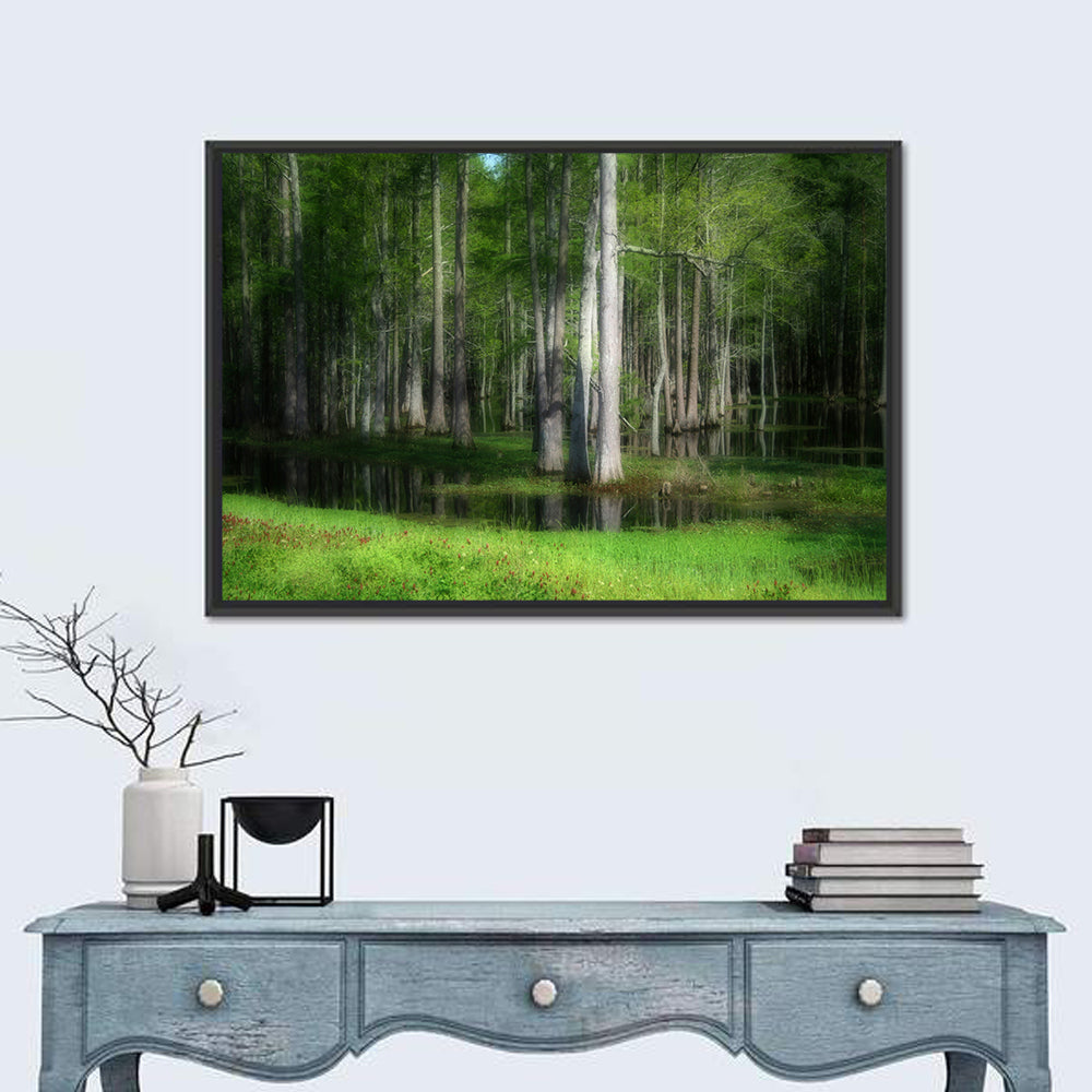 Lush Cypress Swamp Wall Art in a room, landscape