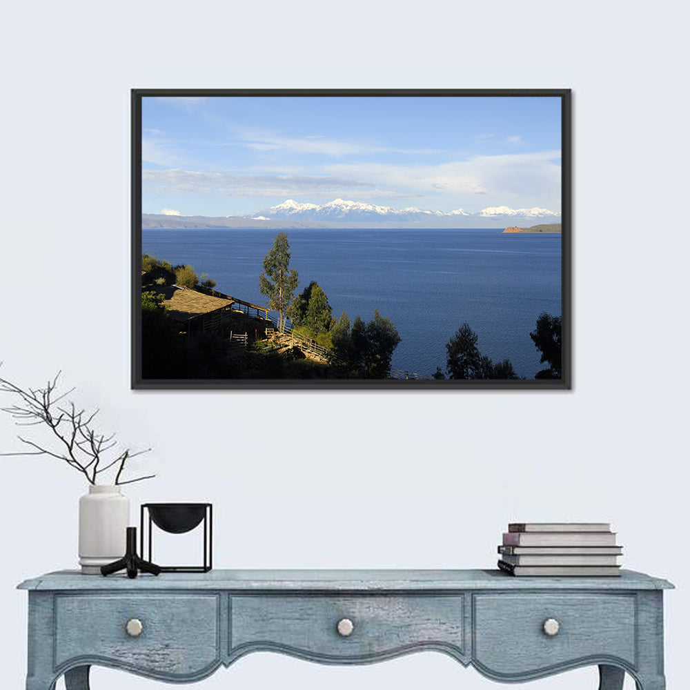 Lake Titicaca Thatched Roof View Wall Art in a room, landscape