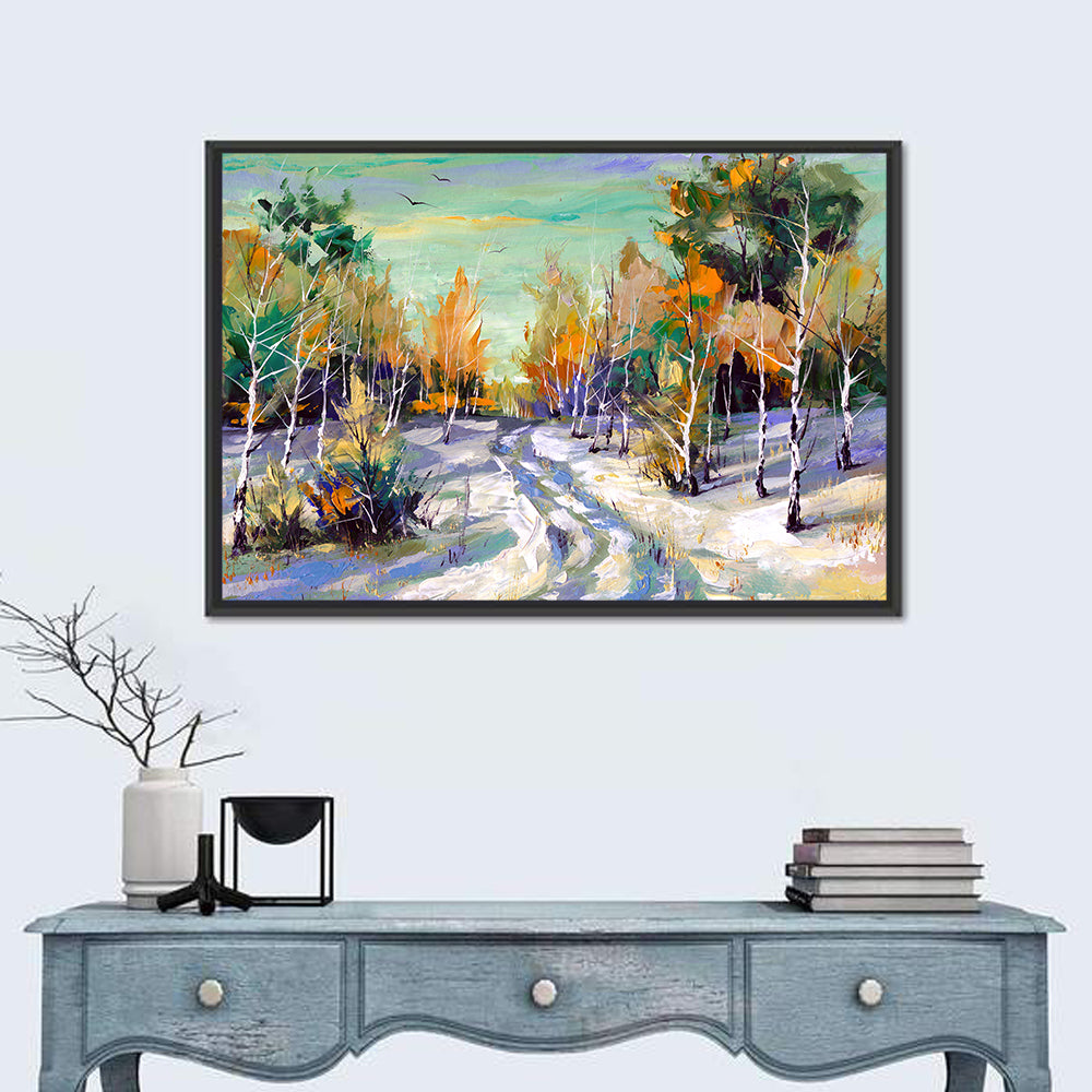 Winter Birch Forest Path Wall Art in a room, landscape