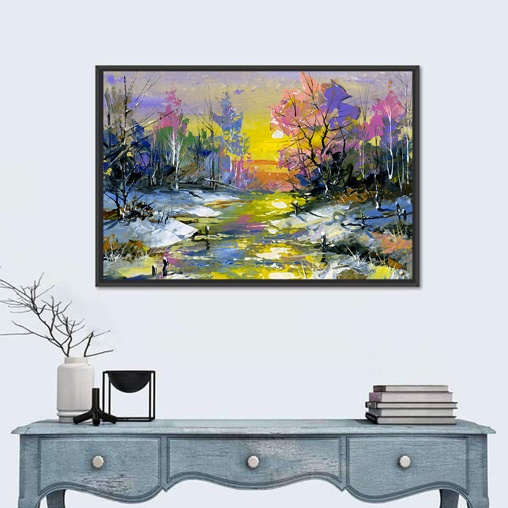 Golden Sunset Over Snowy Stream Wall Art in a room, landscape