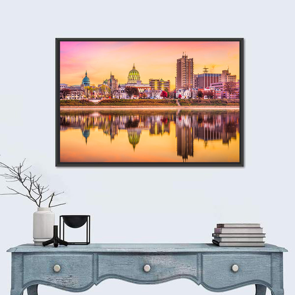 Harrisburg Golden Hour Skyline Wall Art in a room, landscape