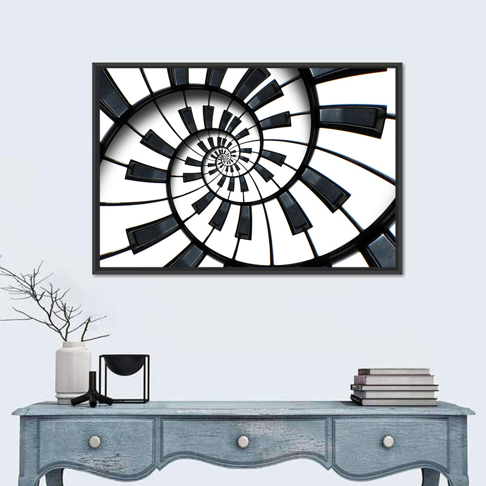 Recursive Spiral Piano Keys Wall Art in a room, landscape