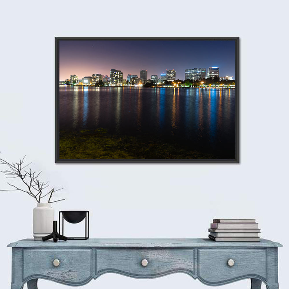 Oakland Skyline Over Lake Merritt Wall Art in a room, landscape