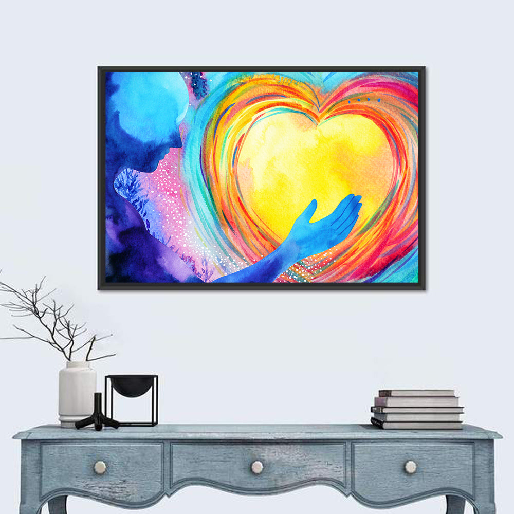 Blue Silhouette with Radiant Heart Wall Art in a room, landscape