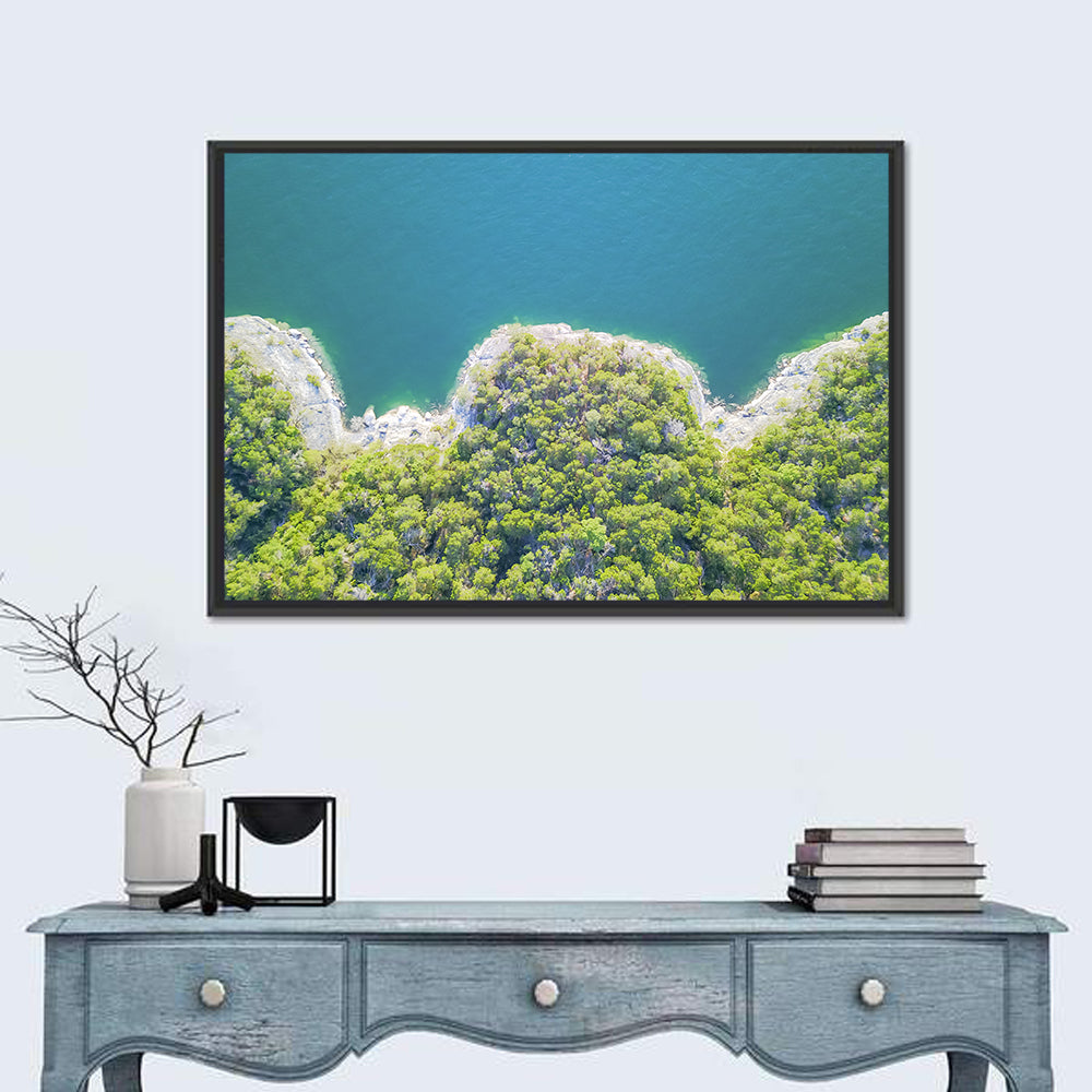 Lake Travis Shoreline Aerial Wall Art in a room, landscape