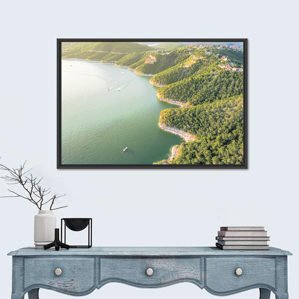 Lake Travis Aerial View Wall Art in a room, landscape