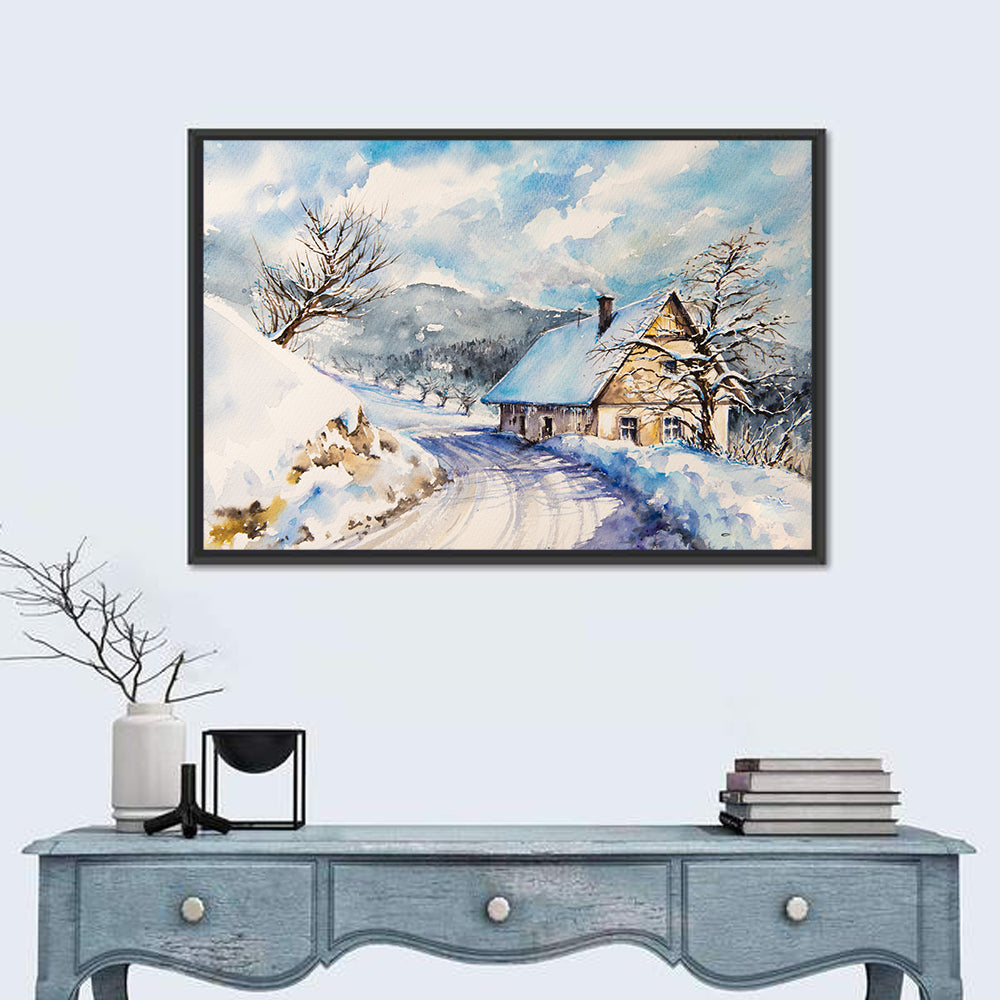 Snowy Mountain Cottage on Curved Path Wall Art in a room, landscape
