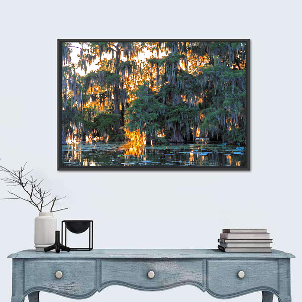 Lake Martin Cypress Reflection Wall Art in a room, landscape