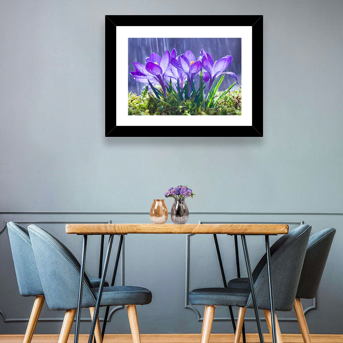 Rainy Purple Crocuses Wall Art in a room, landscape