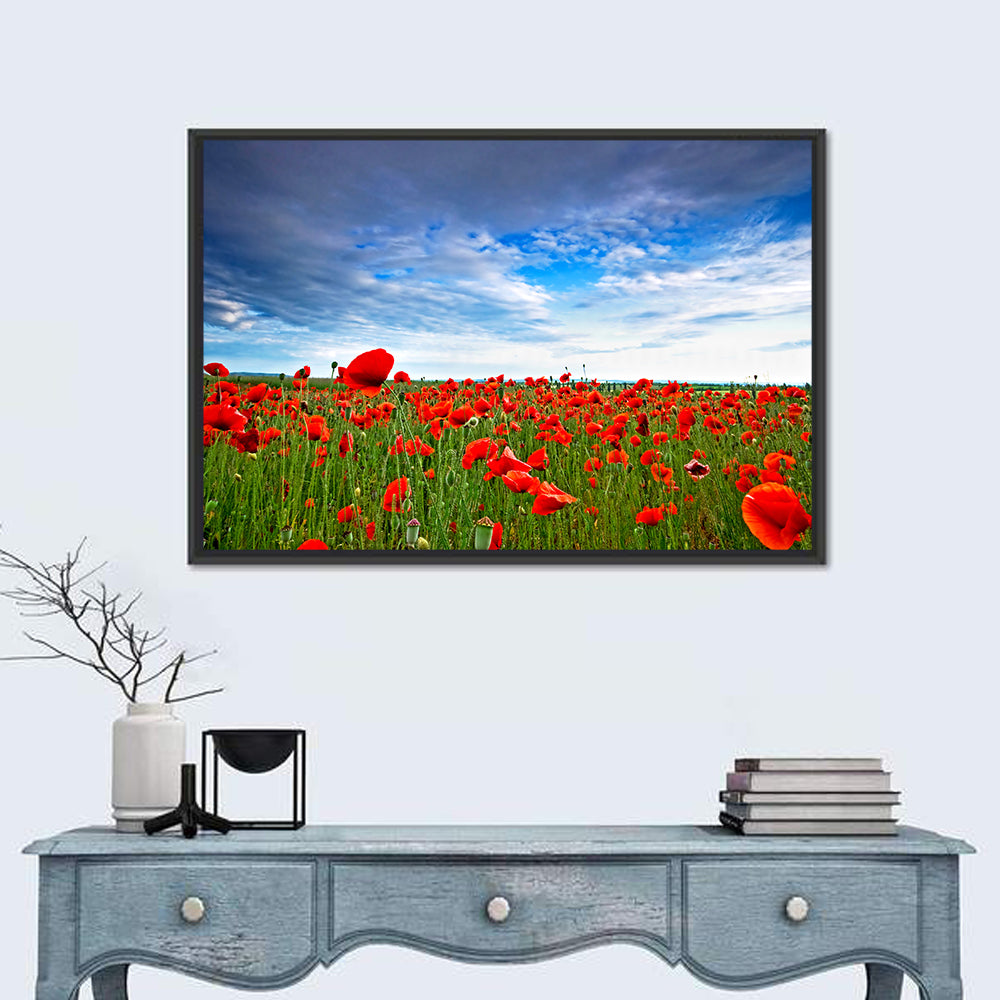 Red Poppy Field Wall Art in a room, landscape