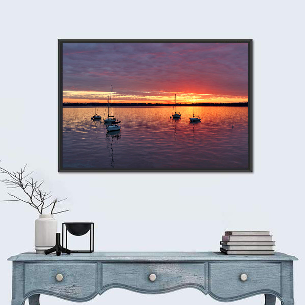 Lake Mendota Sailboats at Sunset Wall Art in a room, landscape