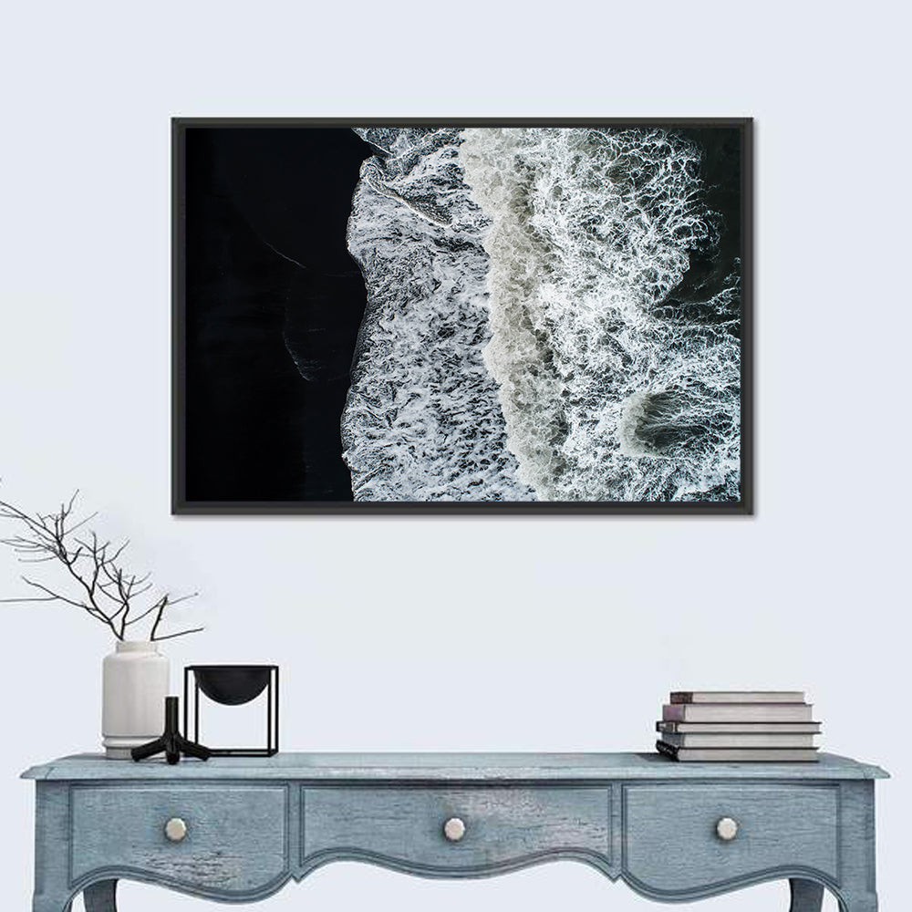 Aerial Black Sand Shoreline Wall Art in a room, landscape
