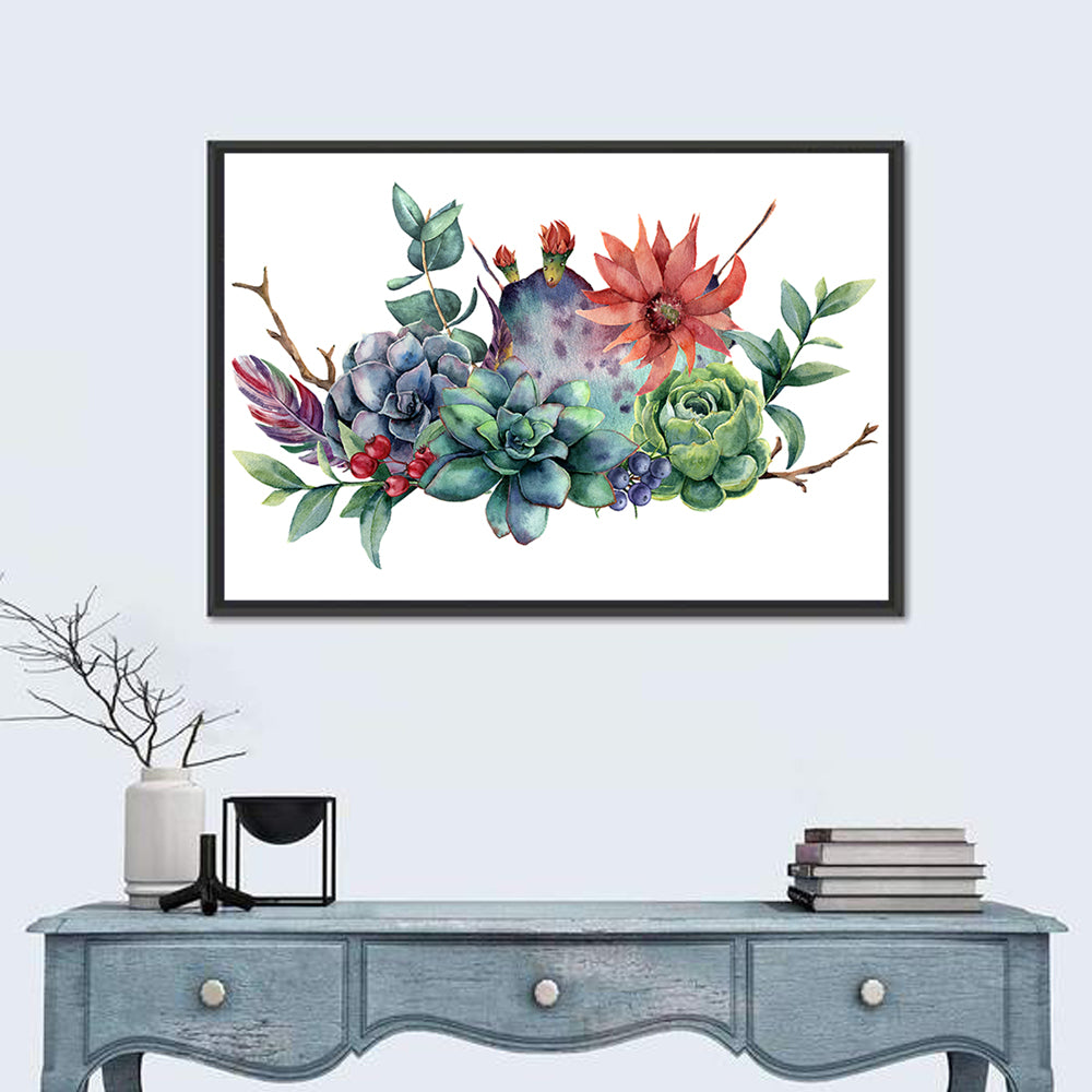 Succulent and Cactus Bouquet Wall Art in a room, landscape