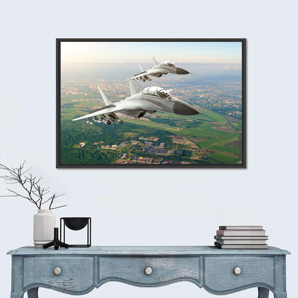 Twin Fighter Jets Over Cityscape Wall Art in a room, landscape