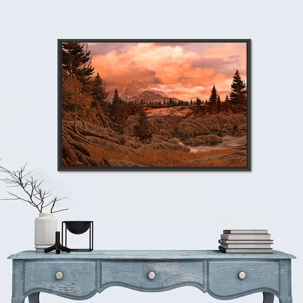 Rocky Mountain Lake at Dusk Wall Art in a room, landscape