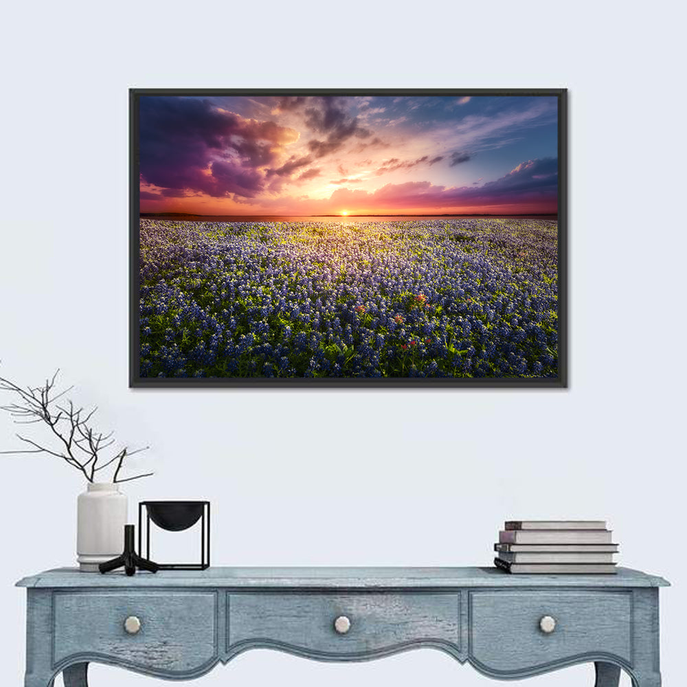 Texas Bluebonnet Sunset Wall Art in a room, landscape