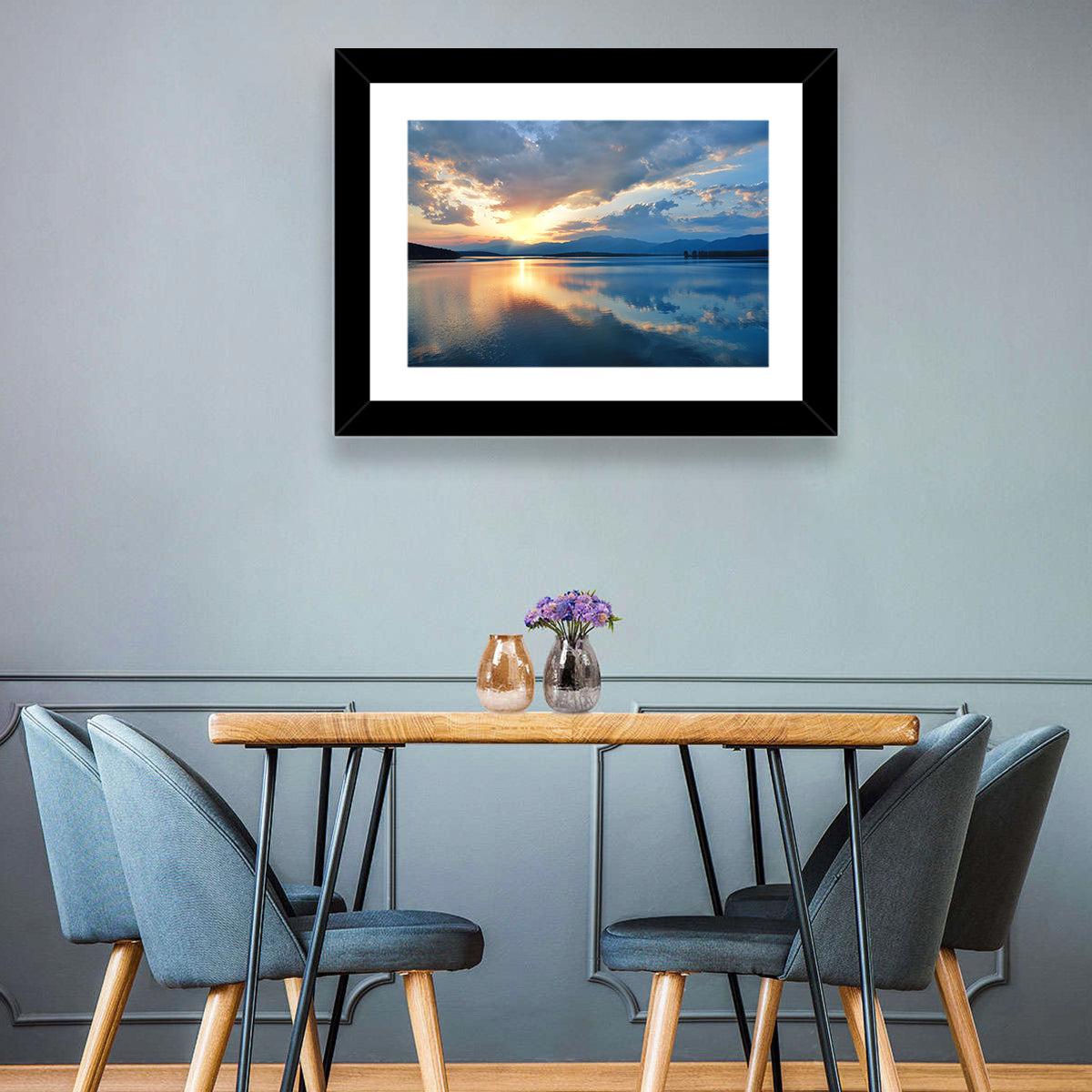 Golden Hour Lake Reflection Wall Art in a room, landscape
