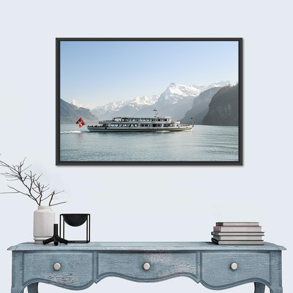 Lake Lucerne Passenger Boat Wall Art in a room, landscape