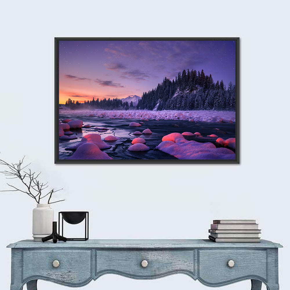 Twilight River and Snowy Pines Wall Art