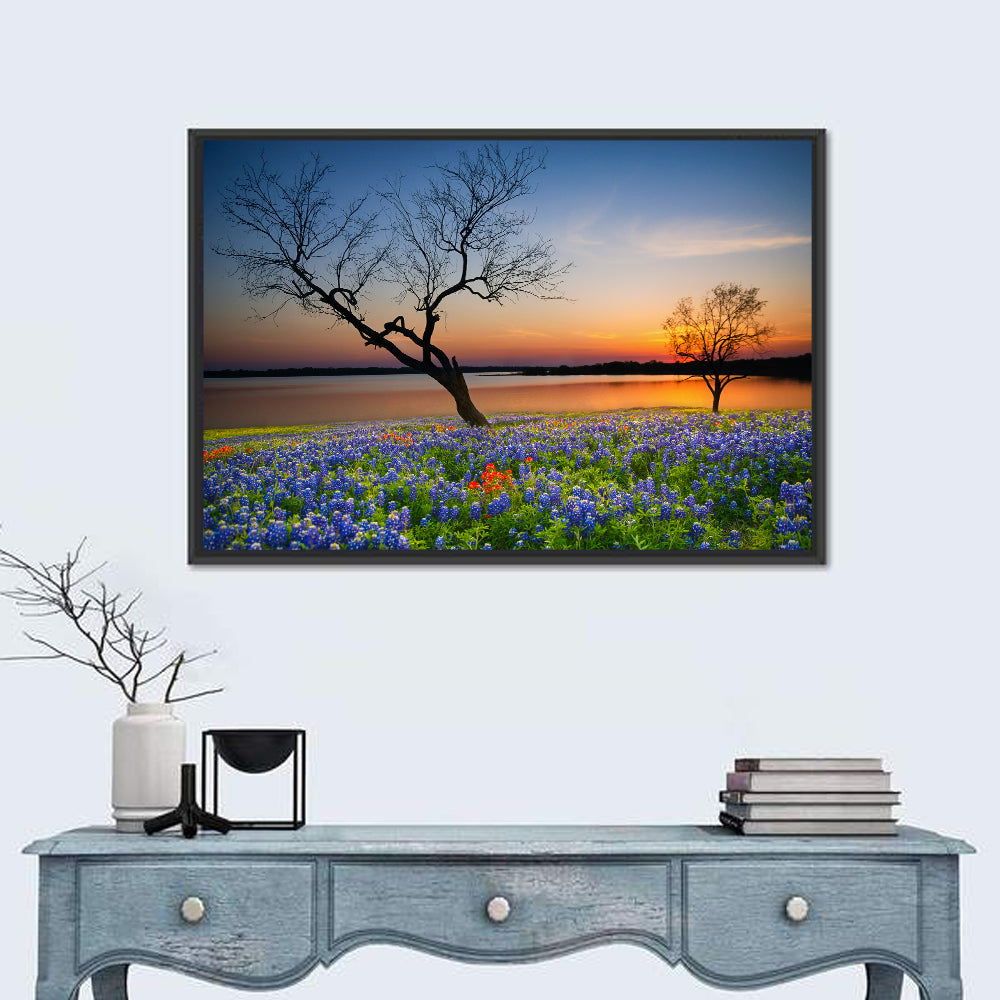 Texas Bluebonnet Sunset Wall Art in a room, landscape