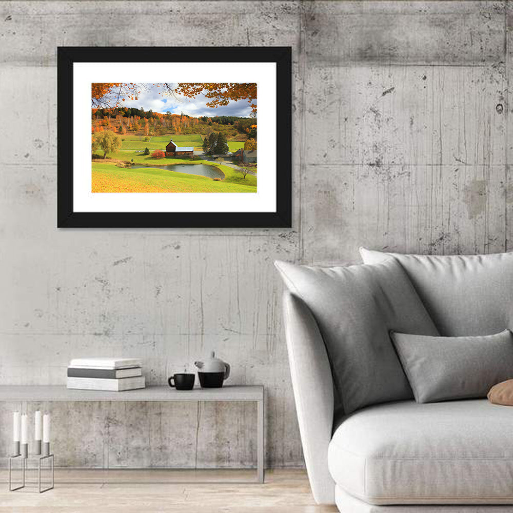 Vermont Barn by Pond Wall Art in a room, landscape