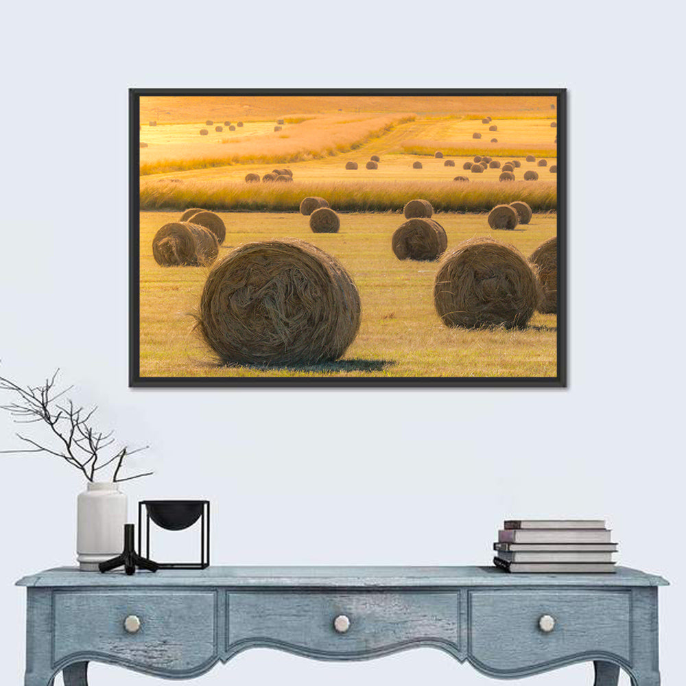 Hay Bales at Golden Hour Wall Art in a room, landscape