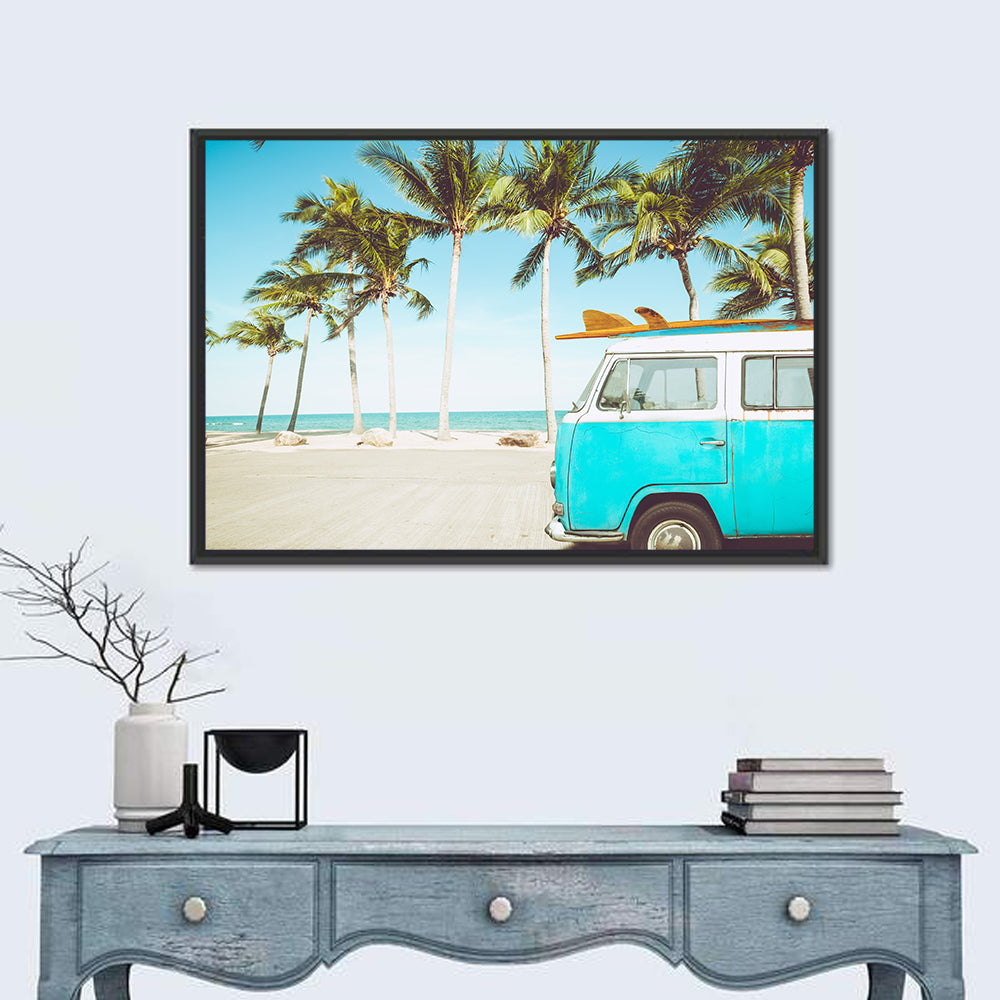 Vintage Vw Bus on Tropical Beach Wall Art in a room, landscape
