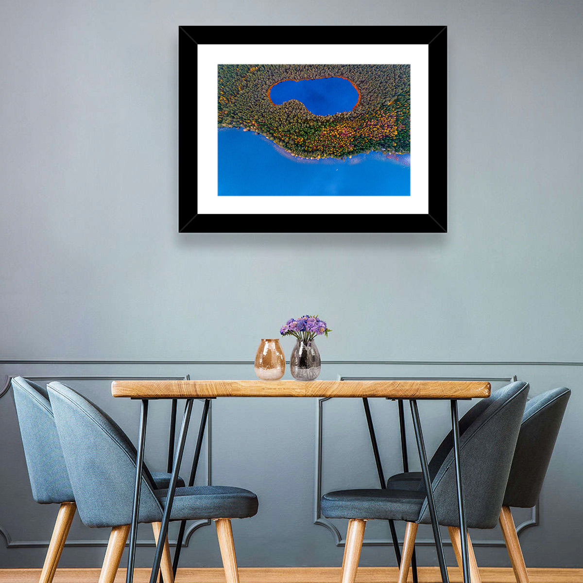 Autumn Forest Lake Wall Art in a room, landscape
