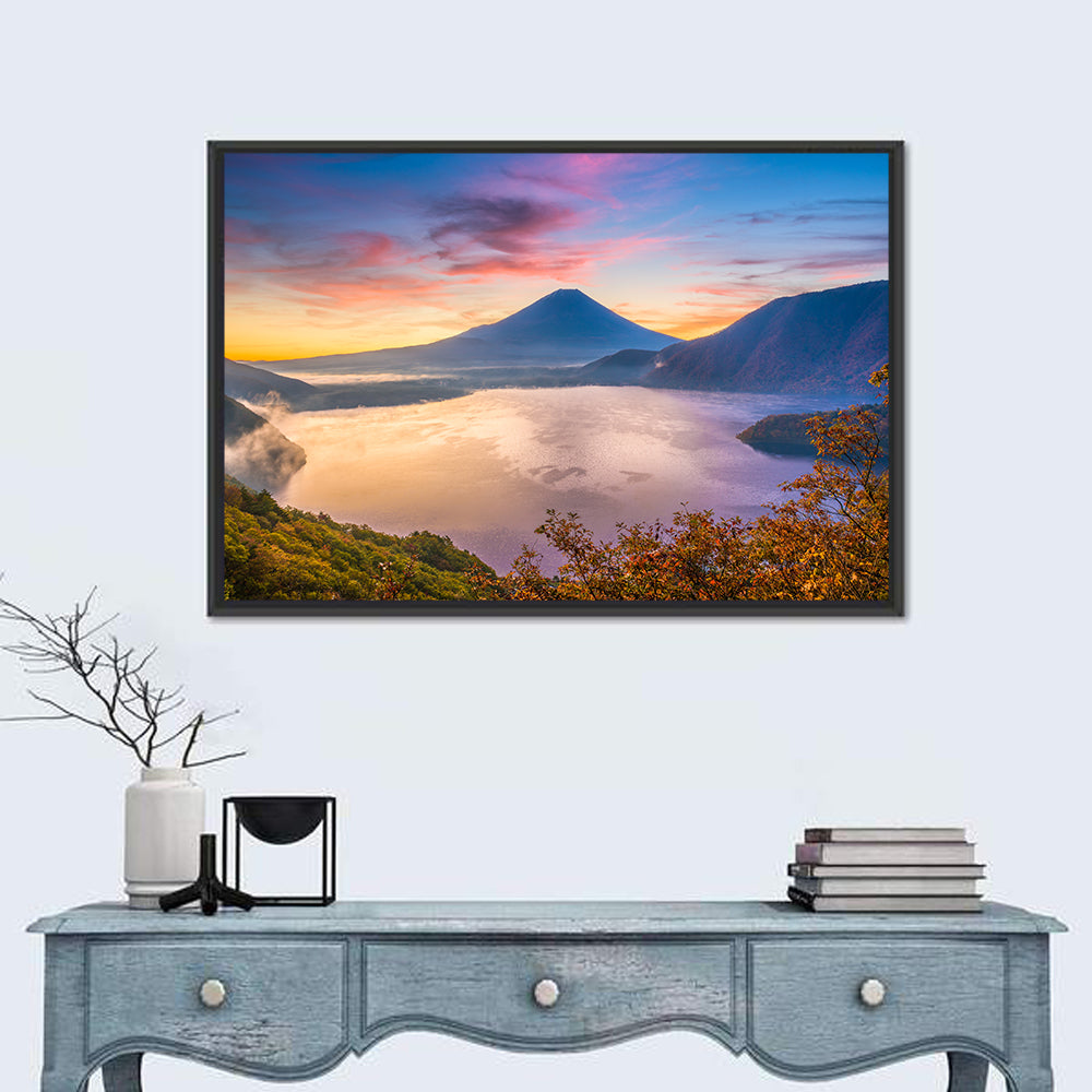 Mount Fuji at Lake Motosu, Autumn Sunrise Wall Art in a room, landscape