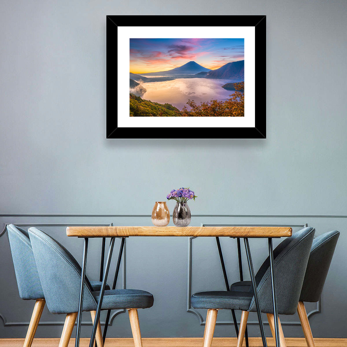 Mount Fuji at Lake Motosu, Autumn Sunrise Wall Art in a room, landscape