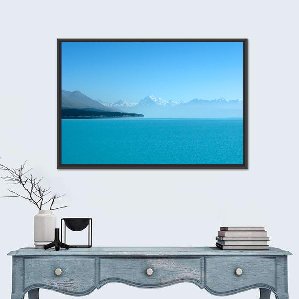 Turquoise Lake Pukaki View of Mount Cook Wall Art in a room, landscape
