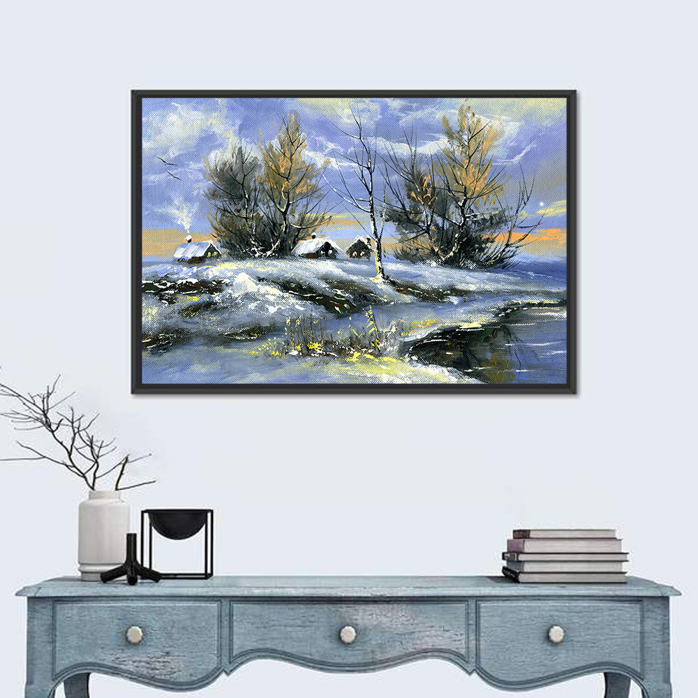 Twilight Winter Lake Houses Wall Art